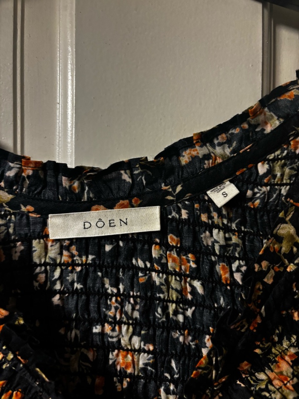 Doen Black Floral Smocked Peplum Blouse with Orange and Cream Flowers - Picture 4 of 6